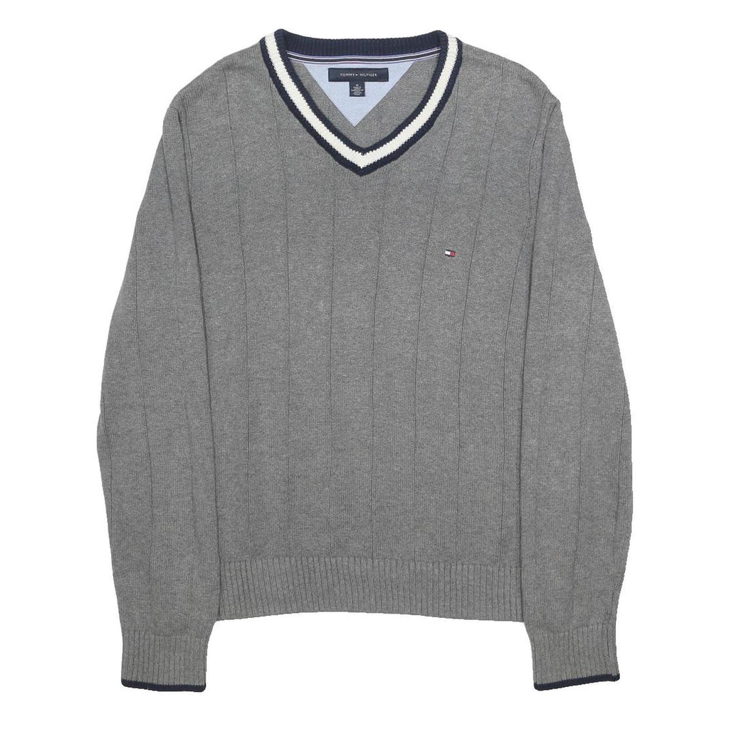 TOMMY HILFIGER Mens Grey Patterned Jumper V-Neck Basic Knit M Cotton Casual