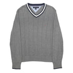 TOMMY HILFIGER Mens Grey Patterned Jumper V-Neck Basic Knit M Cotton Casual