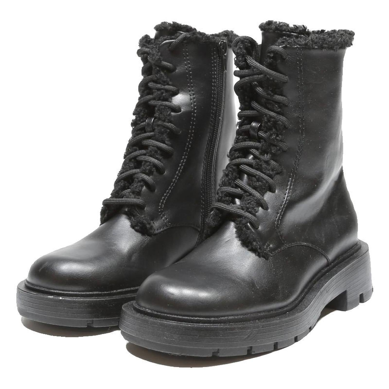 CHARLES & KEITH Womens Black Leather Lace-Up Ankle Boots UK 3 Winter Warm