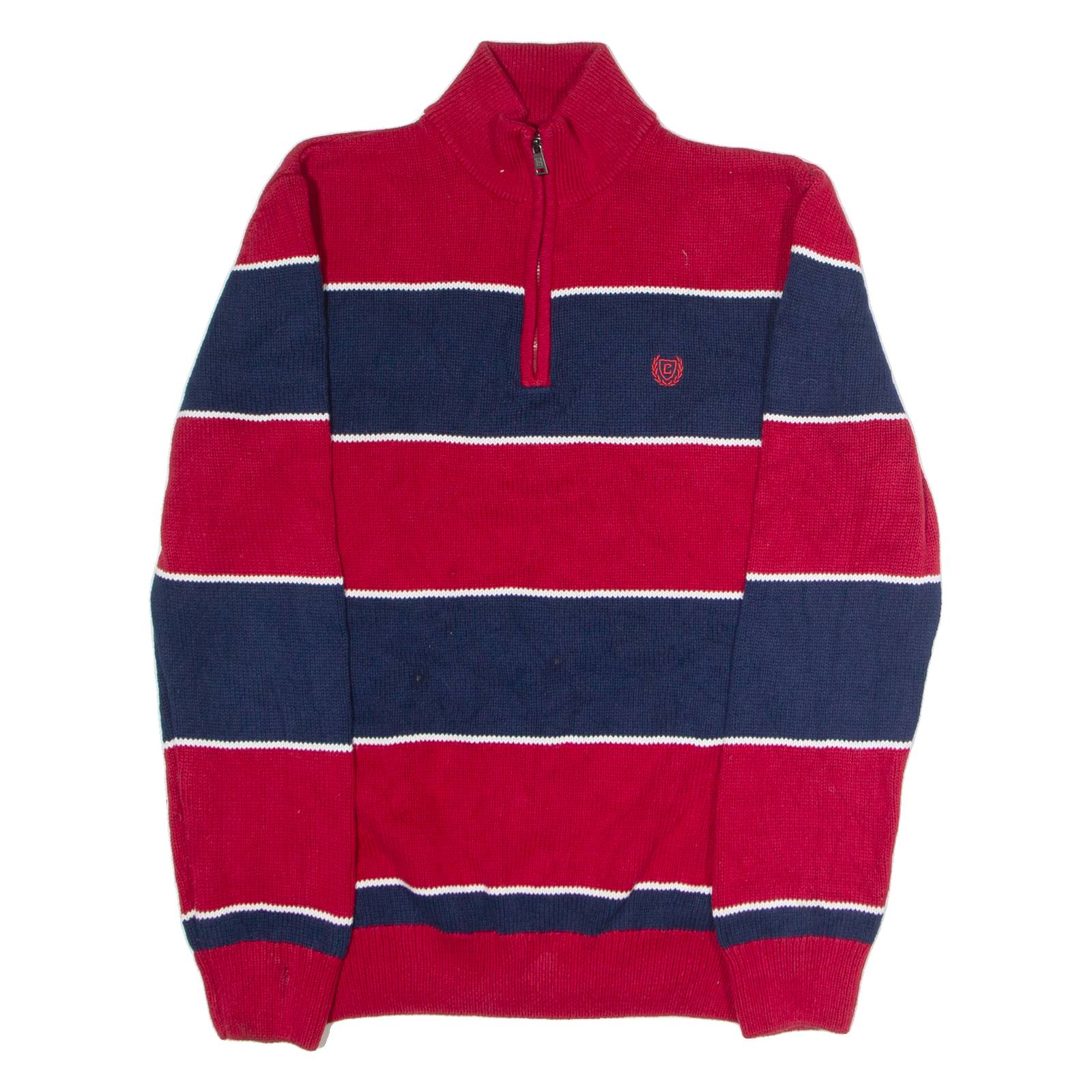 CHAPS Mens Patterned Jumper Red Striped 1/4 Zip Tight Knit M