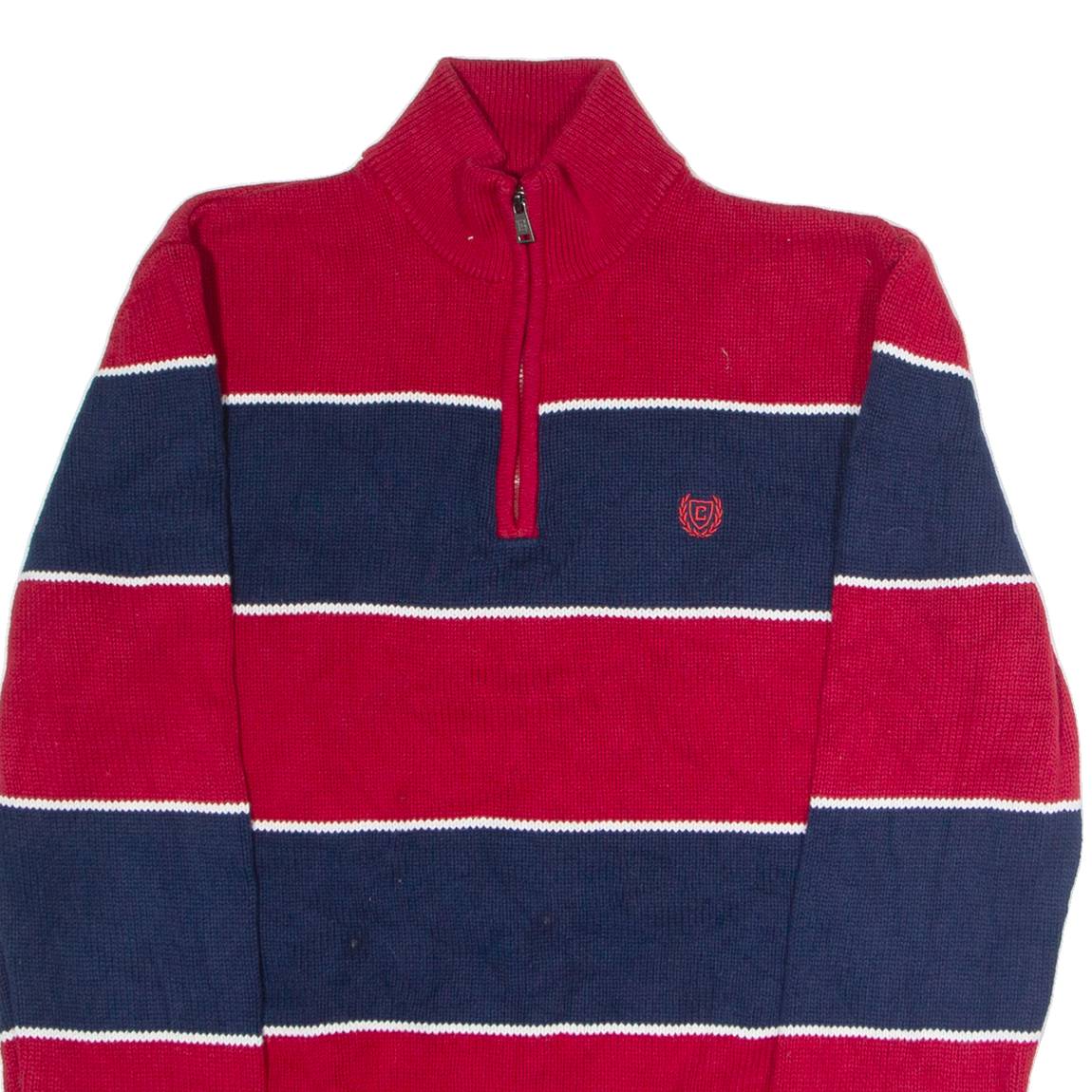 CHAPS Mens Patterned Jumper Red Striped 1/4 Zip Tight Knit M