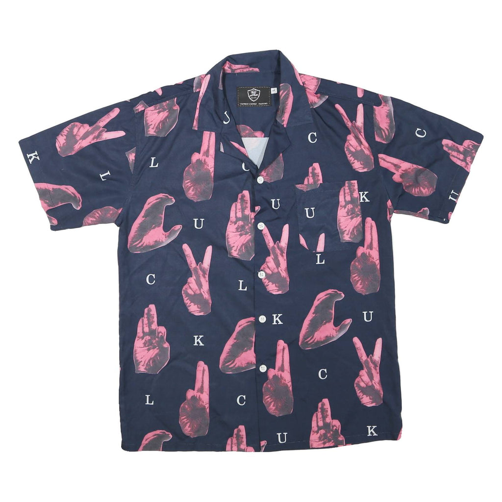 Mens Navy Blue & Pink Graphic Print Short Sleeve Shirt L Casual Stylish