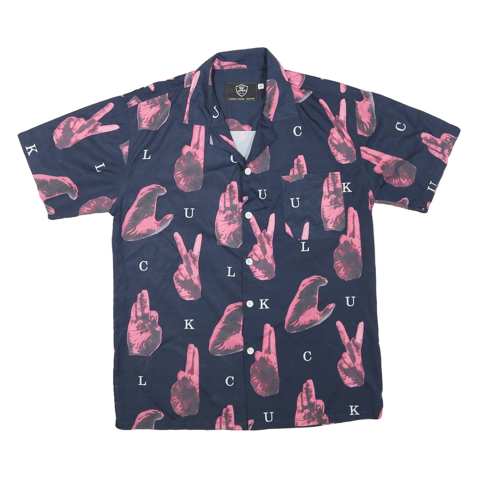 Mens Navy Blue & Pink Graphic Print Short Sleeve Shirt L Casual Stylish