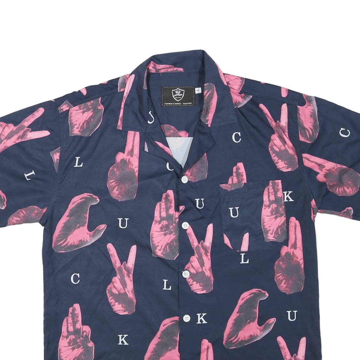 Mens Navy Blue & Pink Graphic Print Short Sleeve Shirt L Casual Stylish