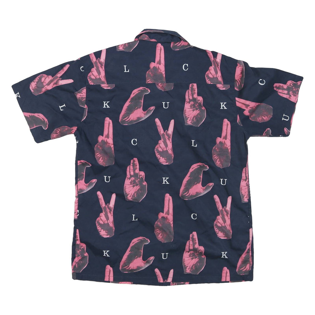 Mens Navy Blue & Pink Graphic Print Short Sleeve Shirt L Casual Stylish