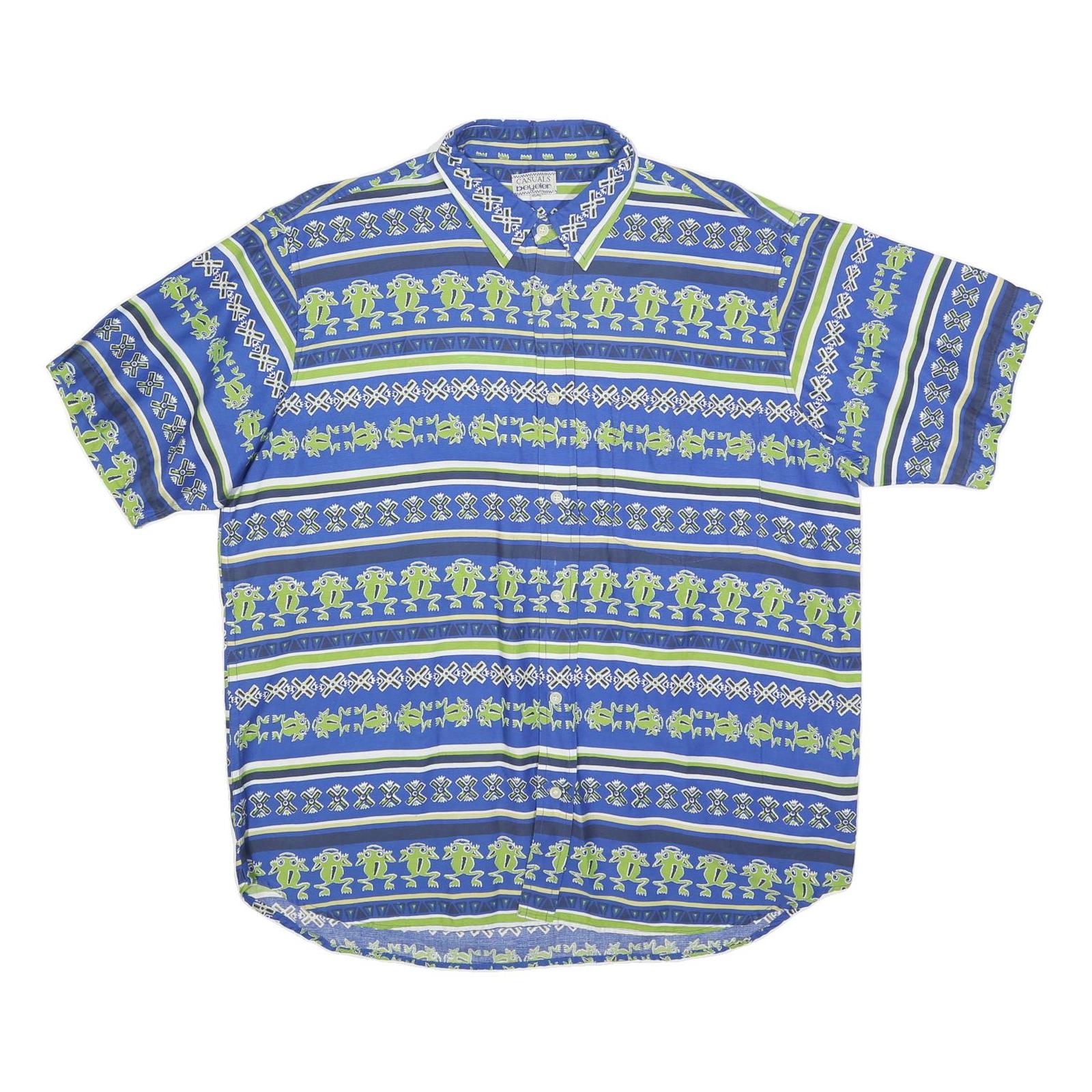 BEYELER Mens Blue & Green Patterned Cotton Blend Shirt XL Casual Summer Short