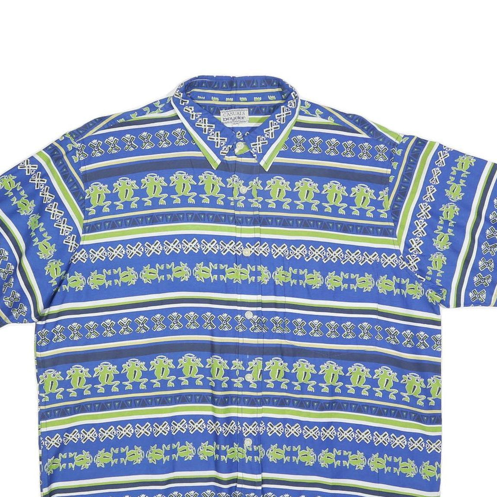 BEYELER Mens Blue & Green Patterned Cotton Blend Shirt XL Casual Summer Short
