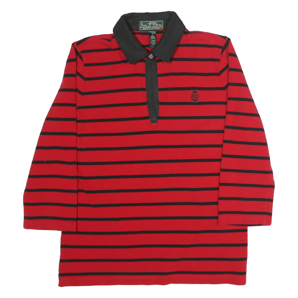LAUREN RALPH LAUREN Womens Red & Black Stripe Long Sleeve Cotton Polo Shirt M
