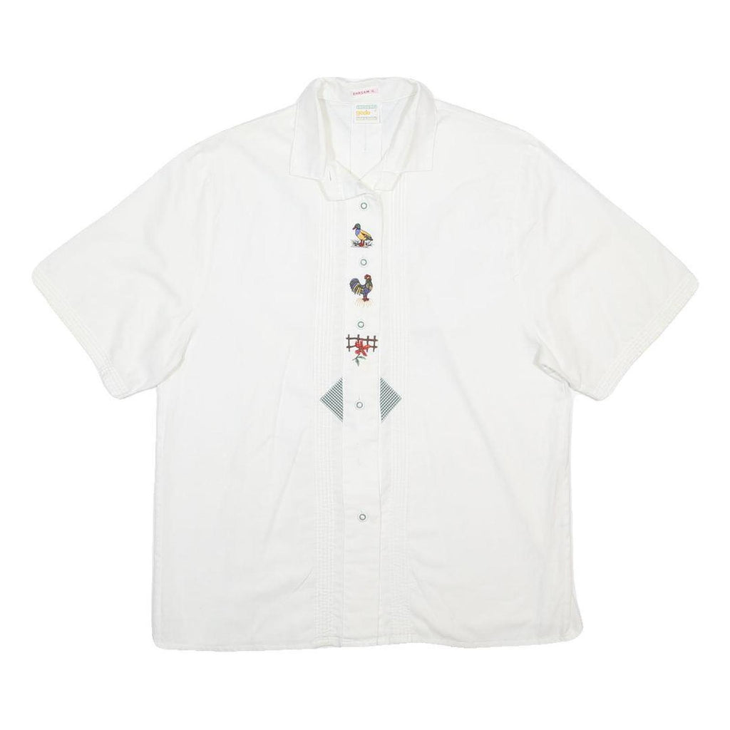 GEDE Womens White Cotton Shirt M Embroidered Bird Design Short Sleeve