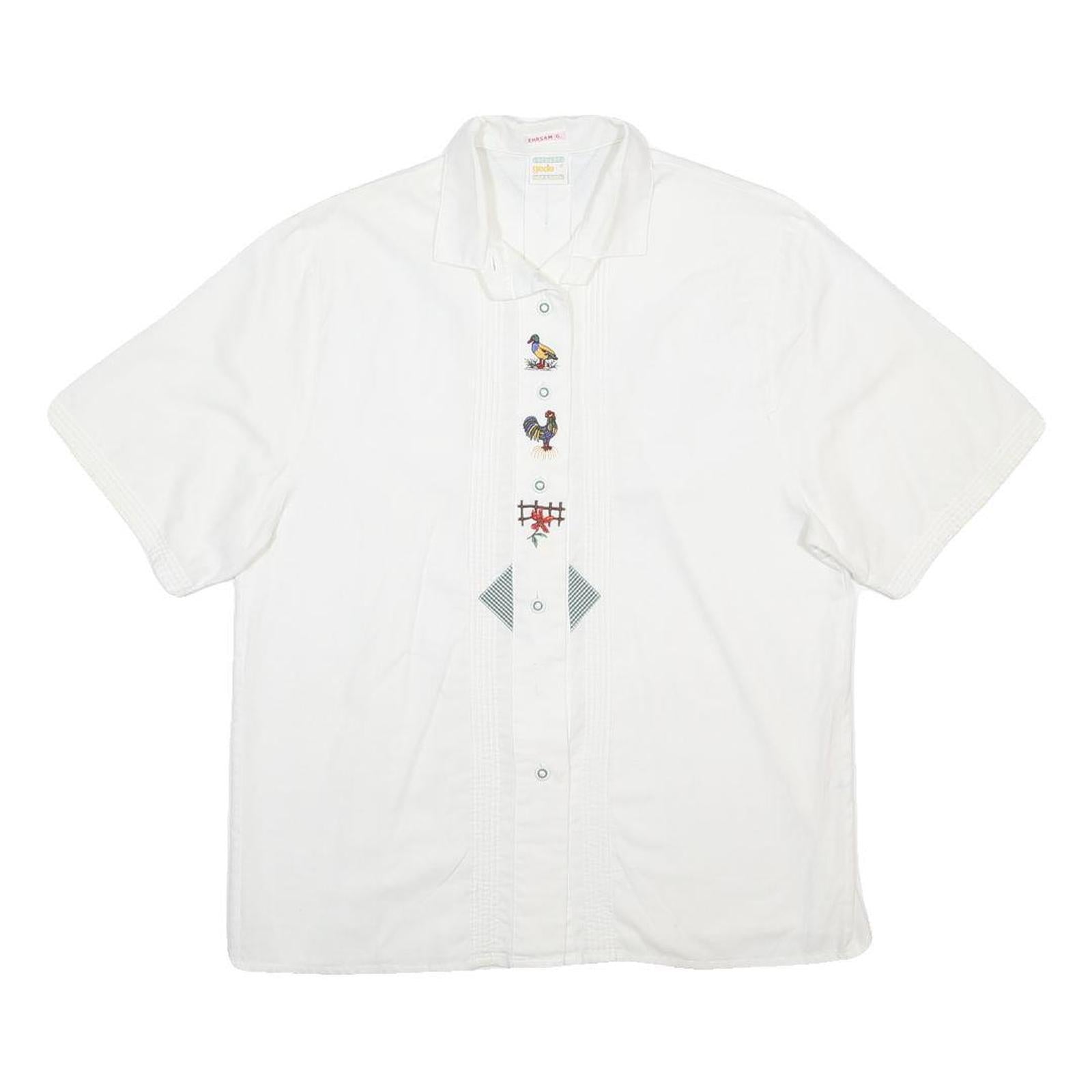 GEDE Womens White Cotton Shirt M Embroidered Bird Design Short Sleeve