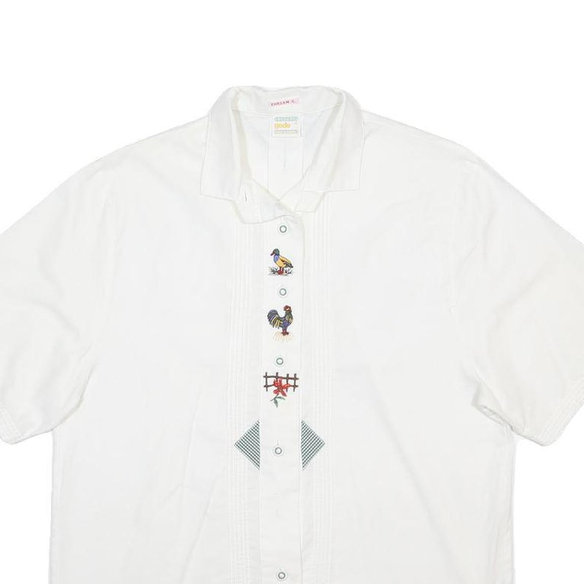 GEDE Womens White Cotton Shirt M Embroidered Bird Design Short Sleeve