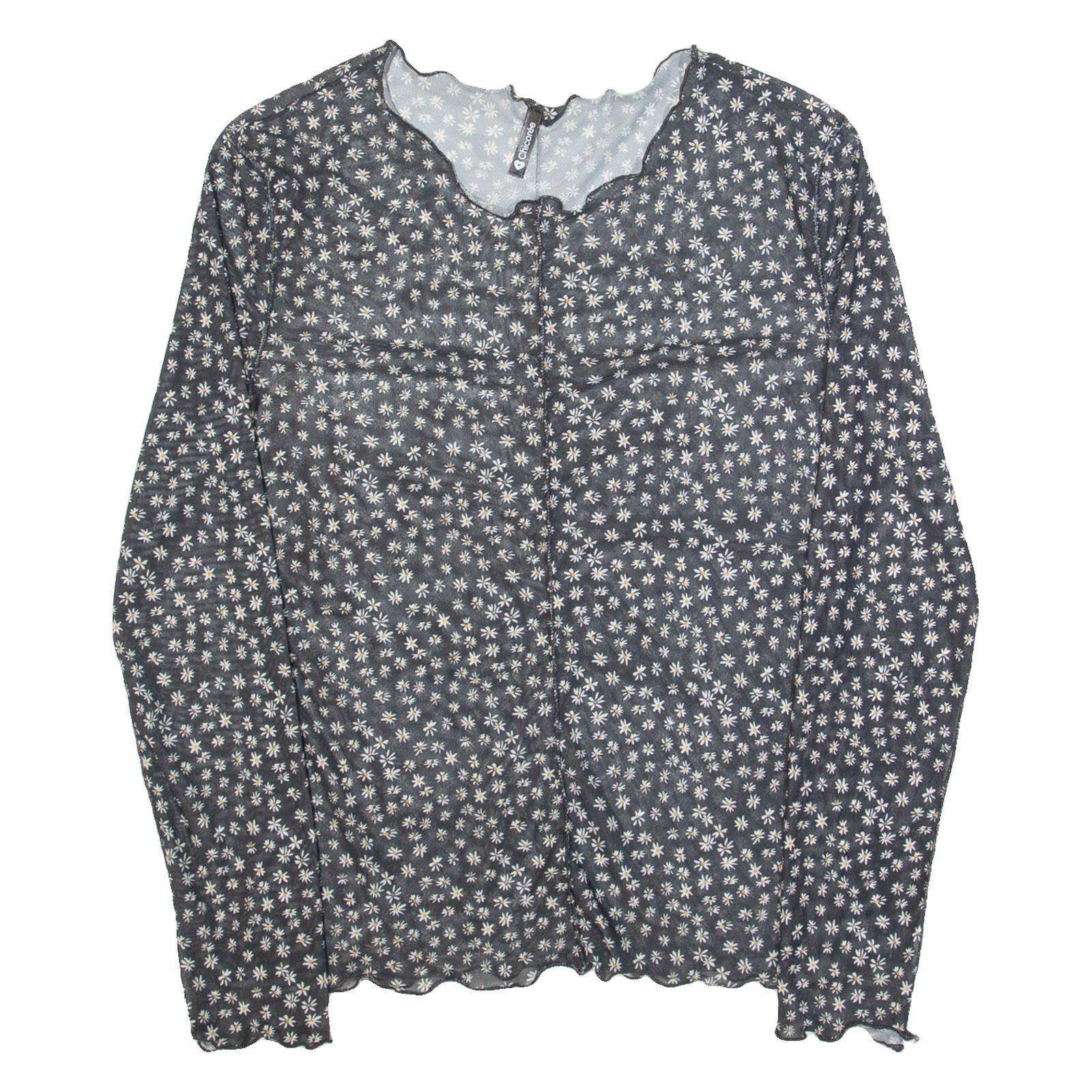 CHICOREE Mesh Womens Printed Top Black Long Sleeve Floral M