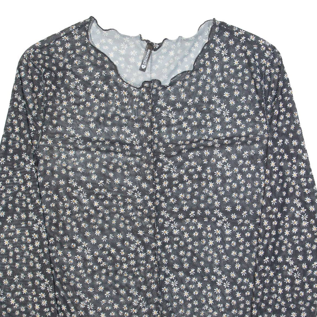 CHICOREE Mesh Womens Printed Top Black Long Sleeve Floral M
