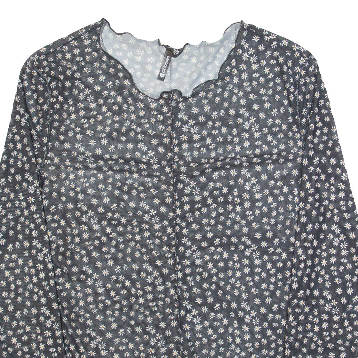 CHICOREE Mesh Womens Printed Top Black Long Sleeve Floral M