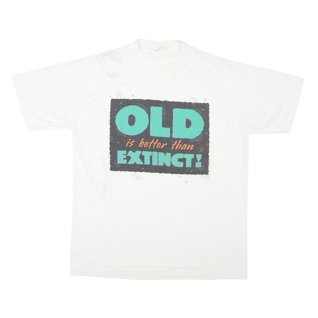 Mens White Graphic T-Shirt XL Short Sleeve Crew Neck Old Extinct Print