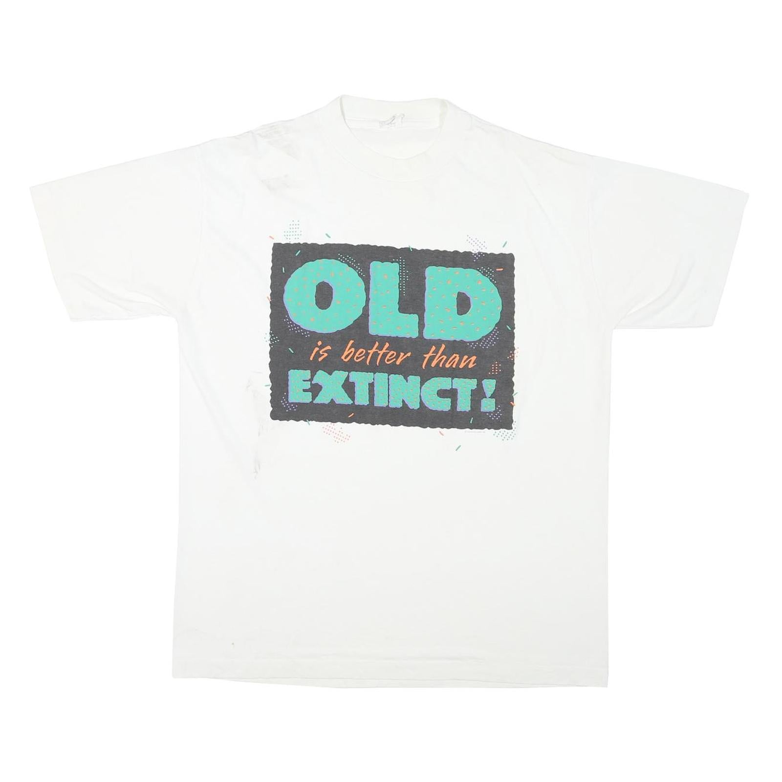 Mens White Graphic T-Shirt XL Short Sleeve Crew Neck Old Extinct Print