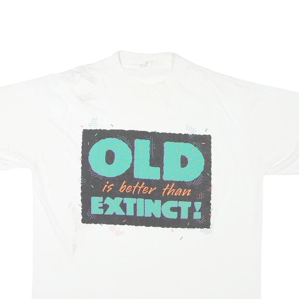 Mens White Graphic T-Shirt XL Short Sleeve Crew Neck Old Extinct Print