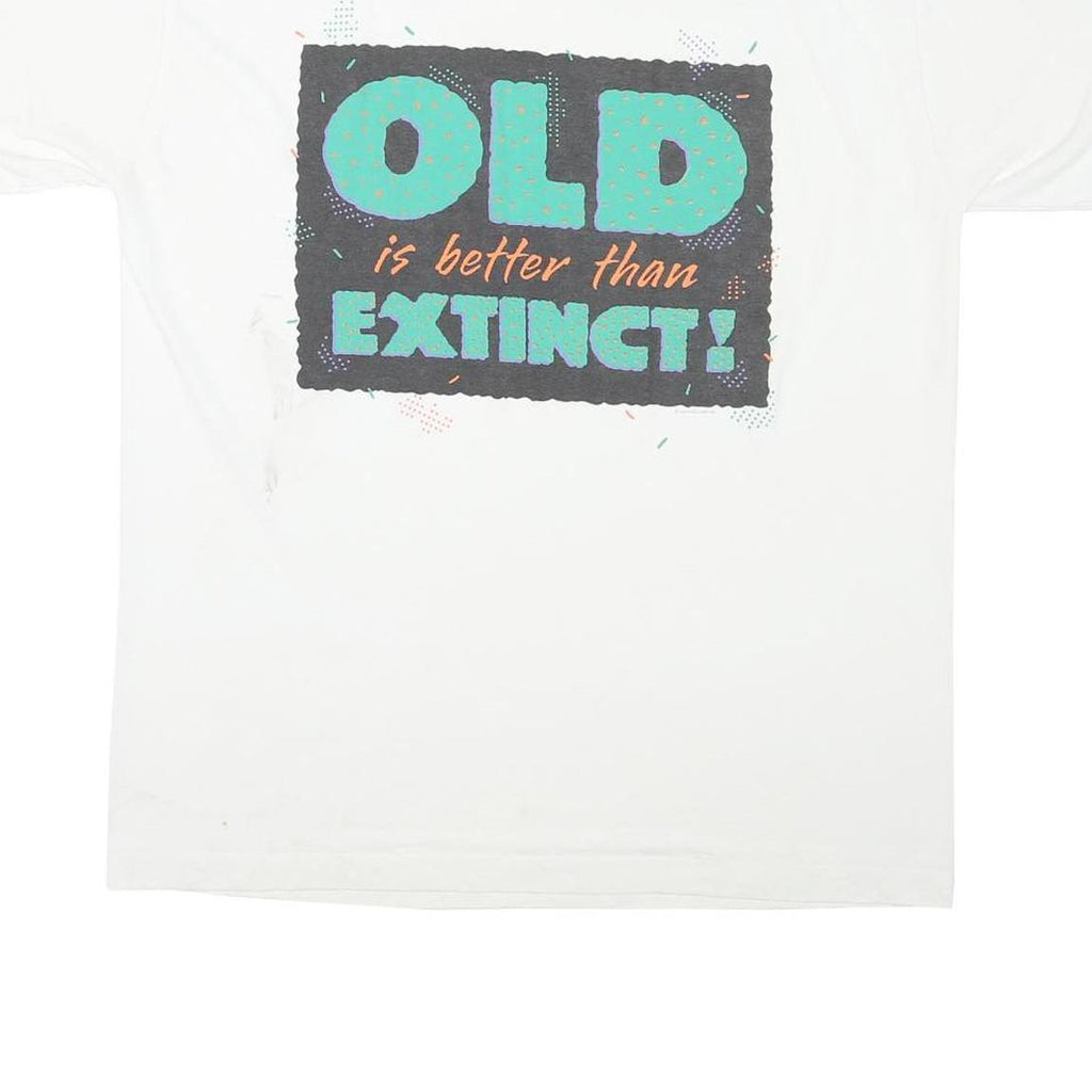 Mens White Graphic T-Shirt XL Short Sleeve Crew Neck Old Extinct Print