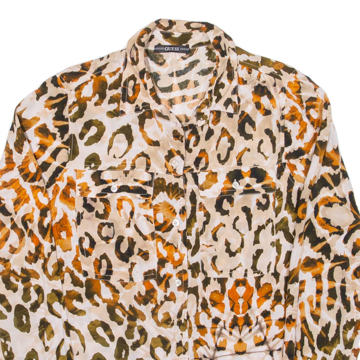 GUESS Womens Shirt Orange Animal Print Long Sleeve S