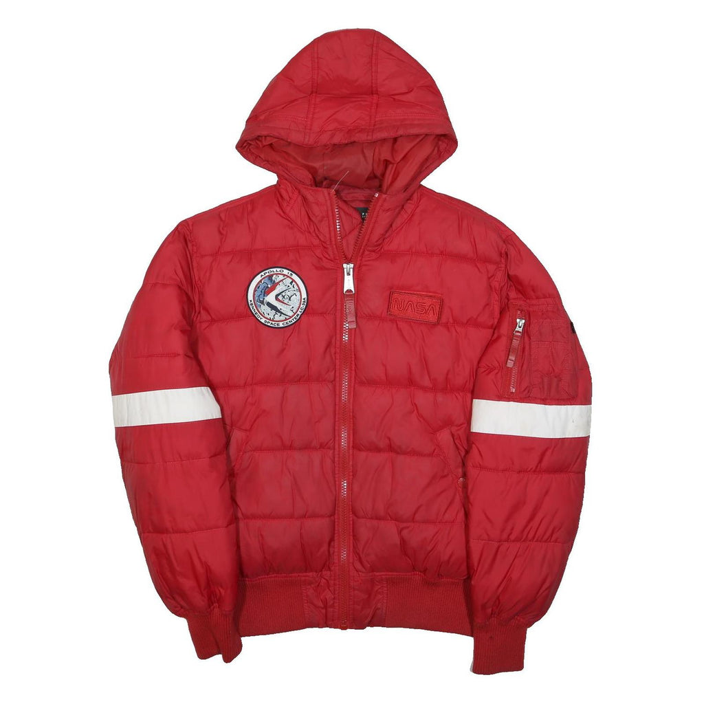 ALPHA INDUSTRIES Mens Red NASA Flight Jacket L Polyester Puffer Hooded Quilted