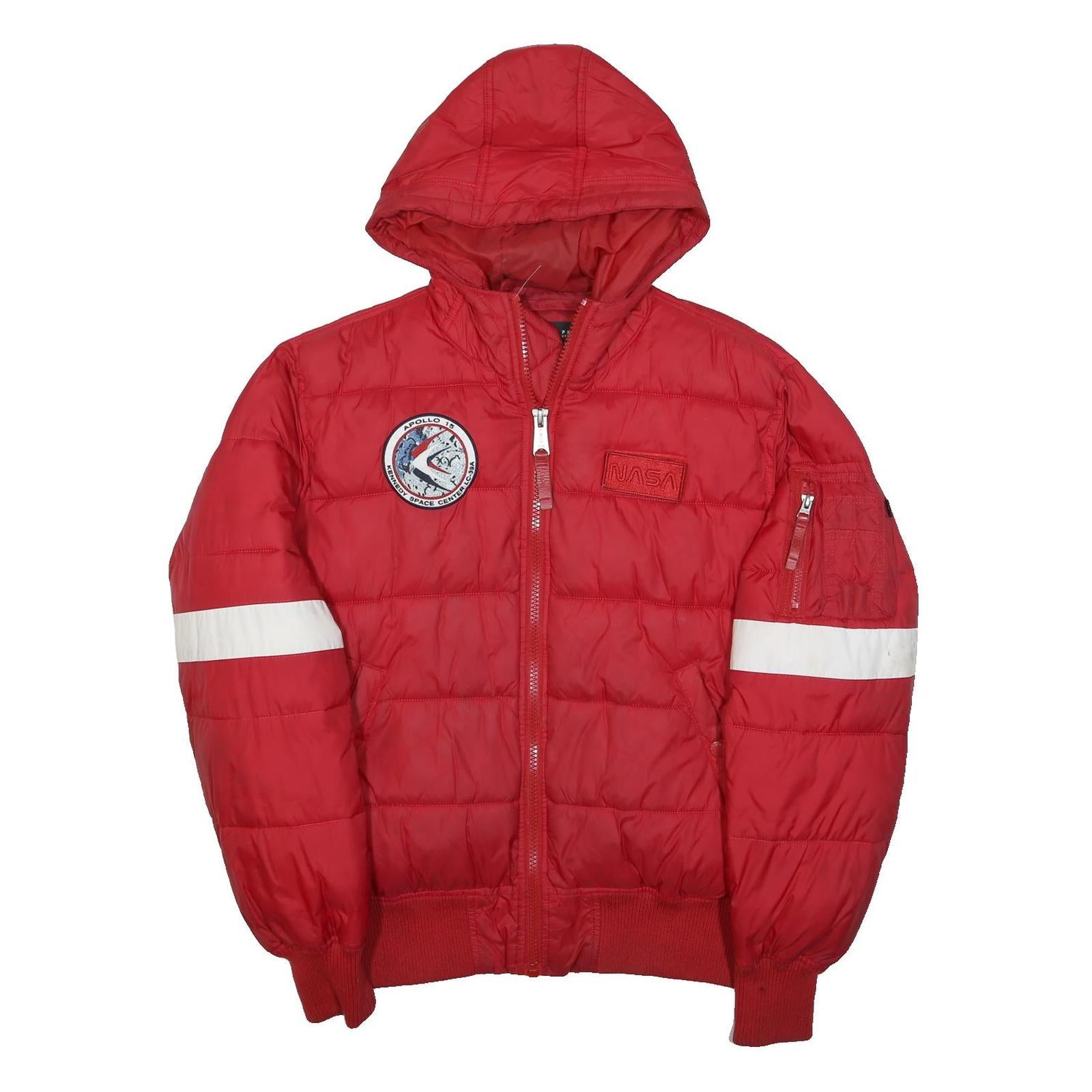 ALPHA INDUSTRIES Mens Red NASA Flight Jacket L Polyester Puffer Hooded Quilted