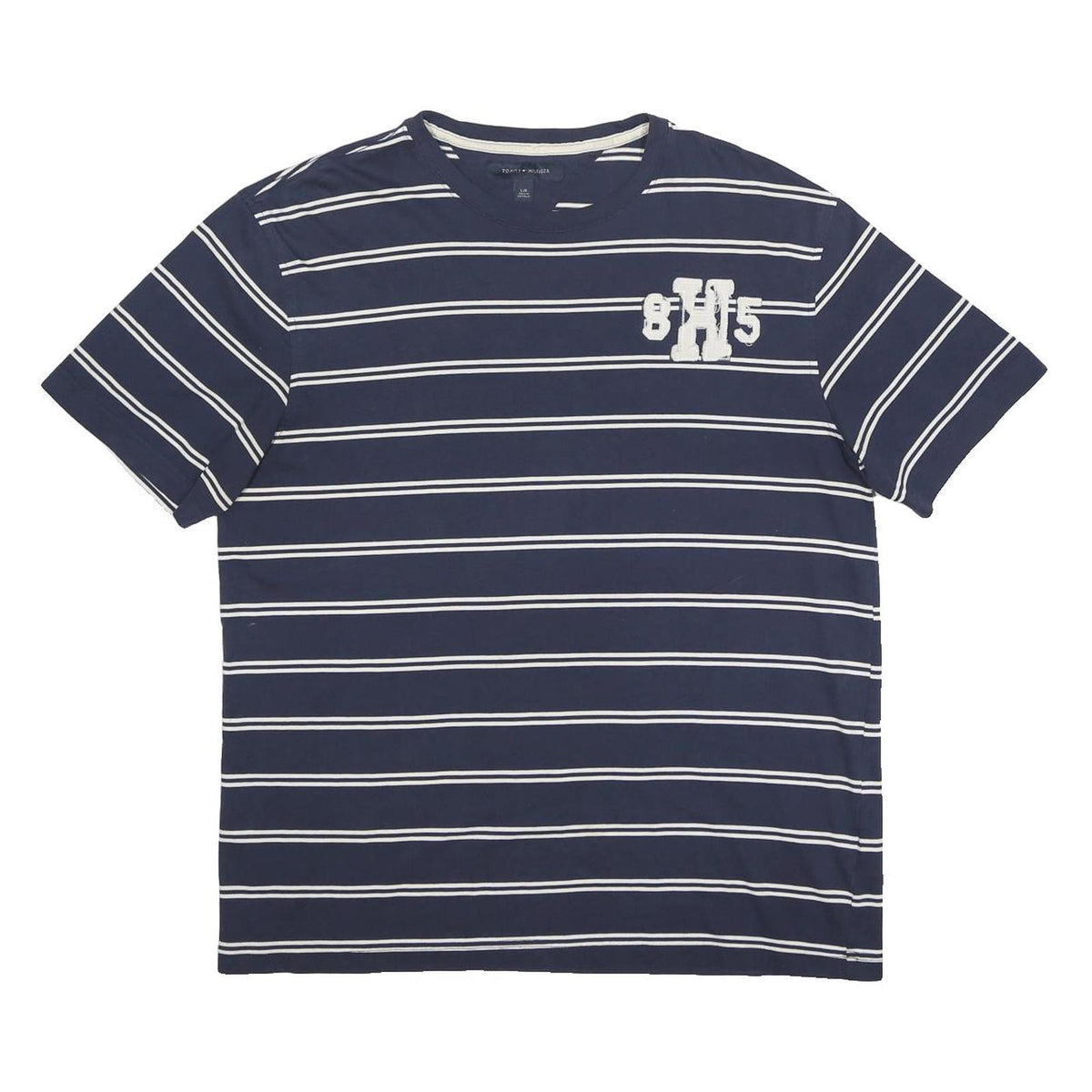 TOMMY HILFIGER Mens Blue & White Striped Graphic T-Shirt L Short Sleeve Crew