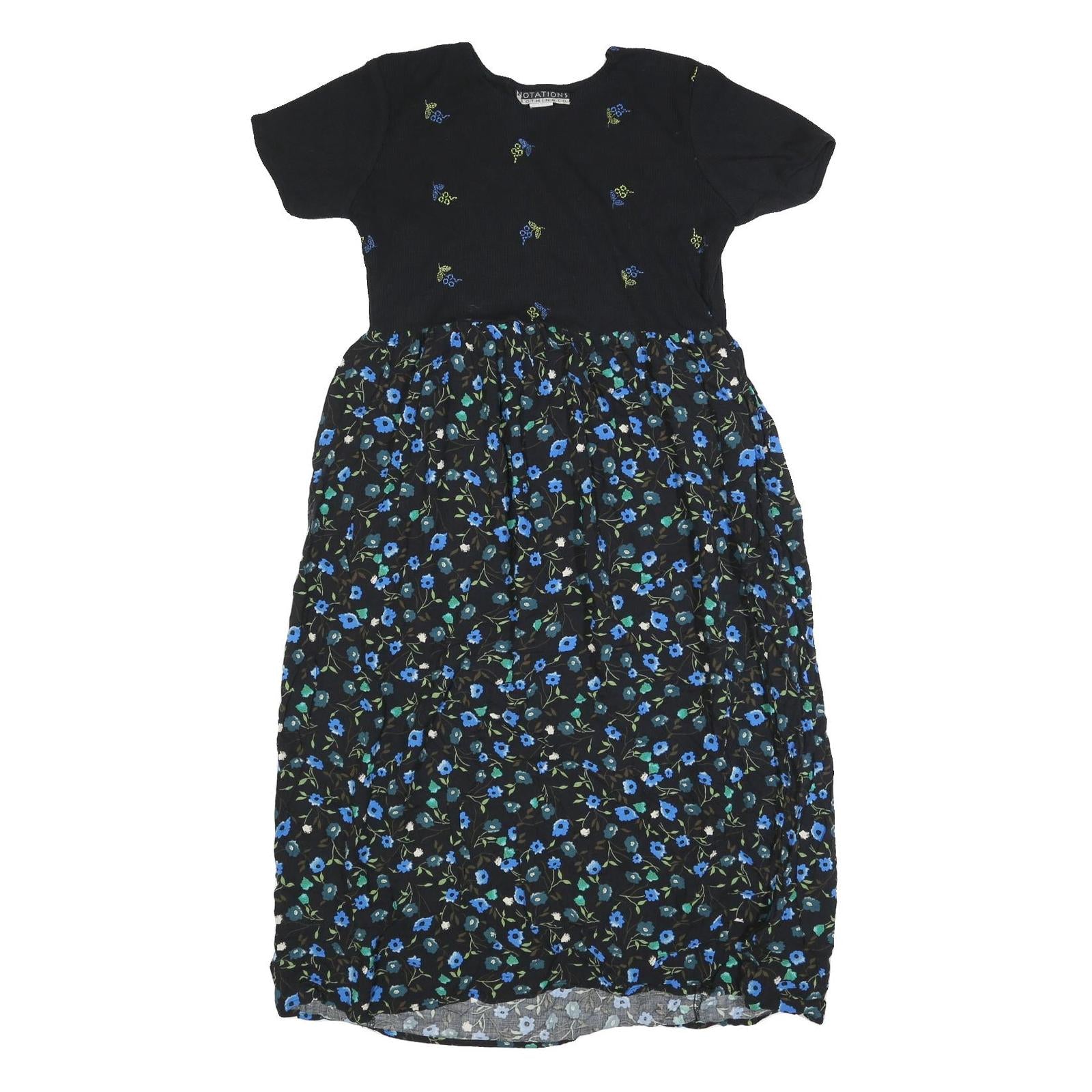 NOTATIONS Womens Black Blue Floral Cotton Day Dress Short Sleeve M Floral Print