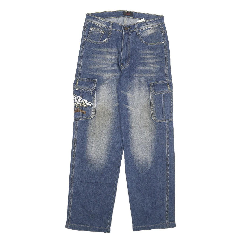 CLD Mens Blue Regular Cargo Denim Light W28 L30 Embroidered Pockets Zip