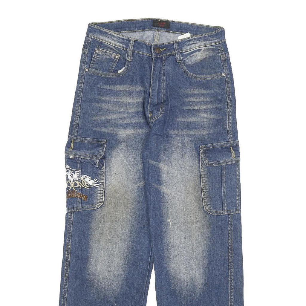 CLD Mens Blue Regular Cargo Denim Light W28 L30 Embroidered Pockets Zip