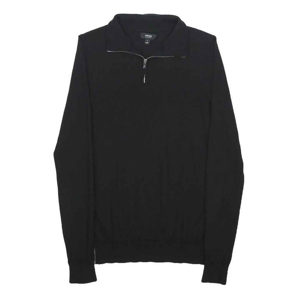 REISS Mens Black Plain Wool Jumper 1/4 Zip Crew Neck S Casual Knitwear