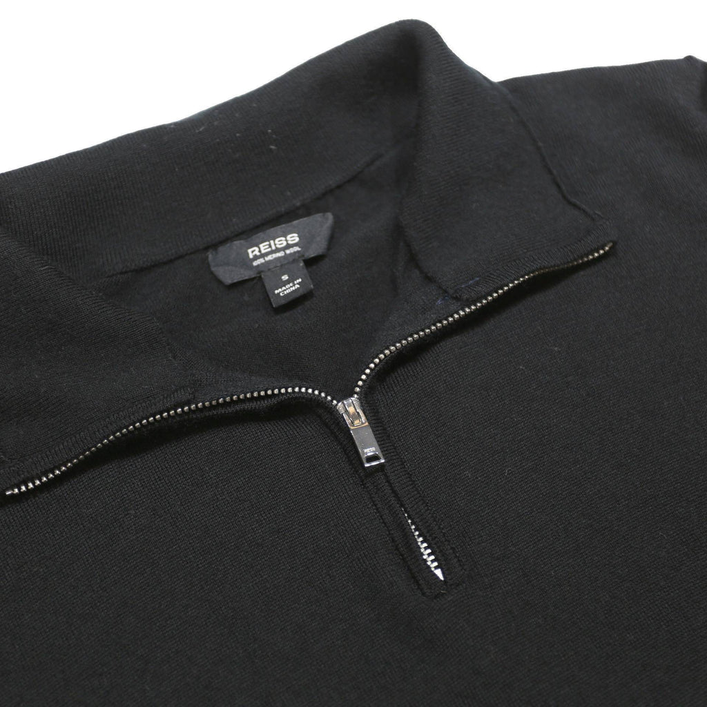 REISS Mens Black Plain Wool Jumper 1/4 Zip Crew Neck S Casual Knitwear