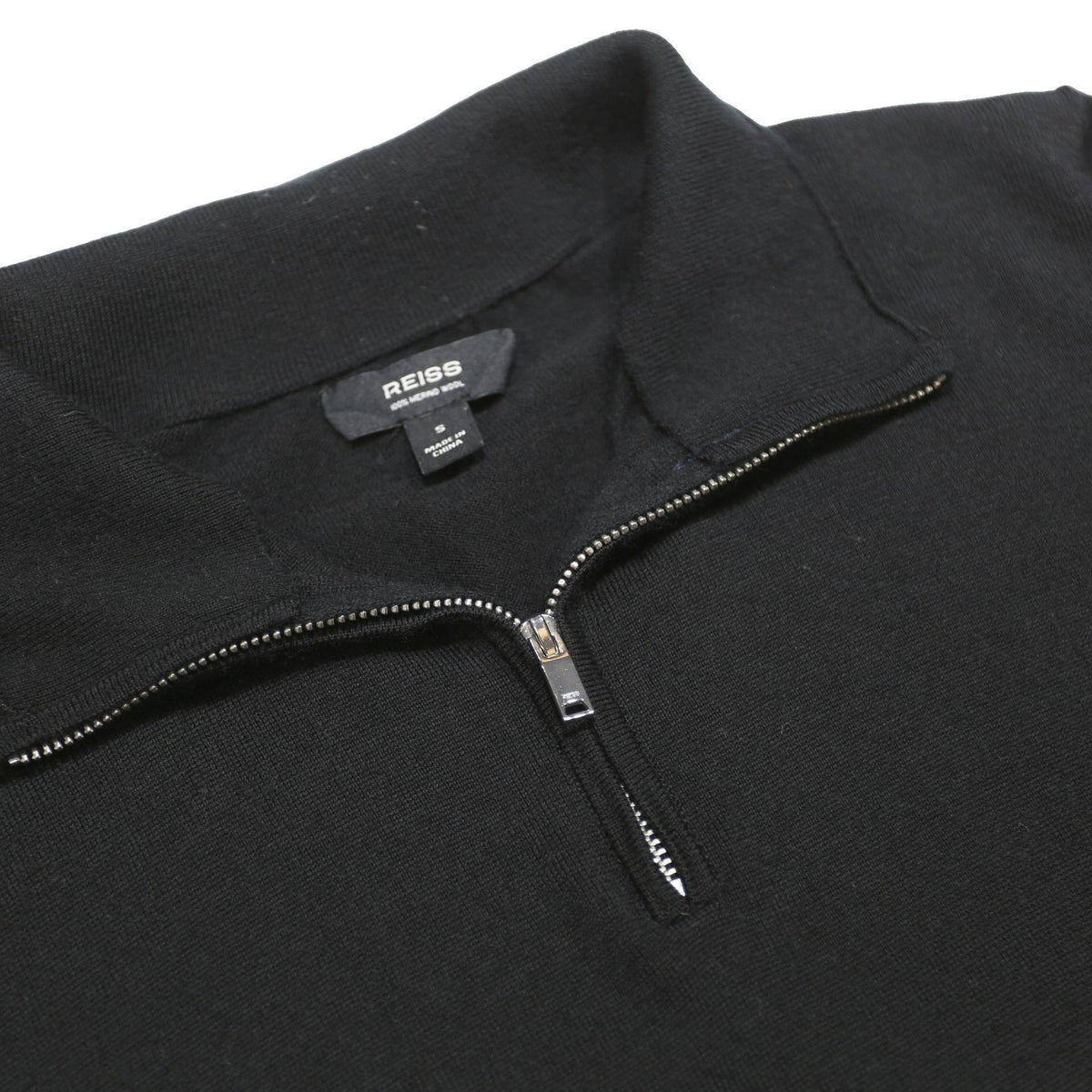 REISS Mens Black Plain Wool Jumper 1/4 Zip Crew Neck S Casual Knitwear