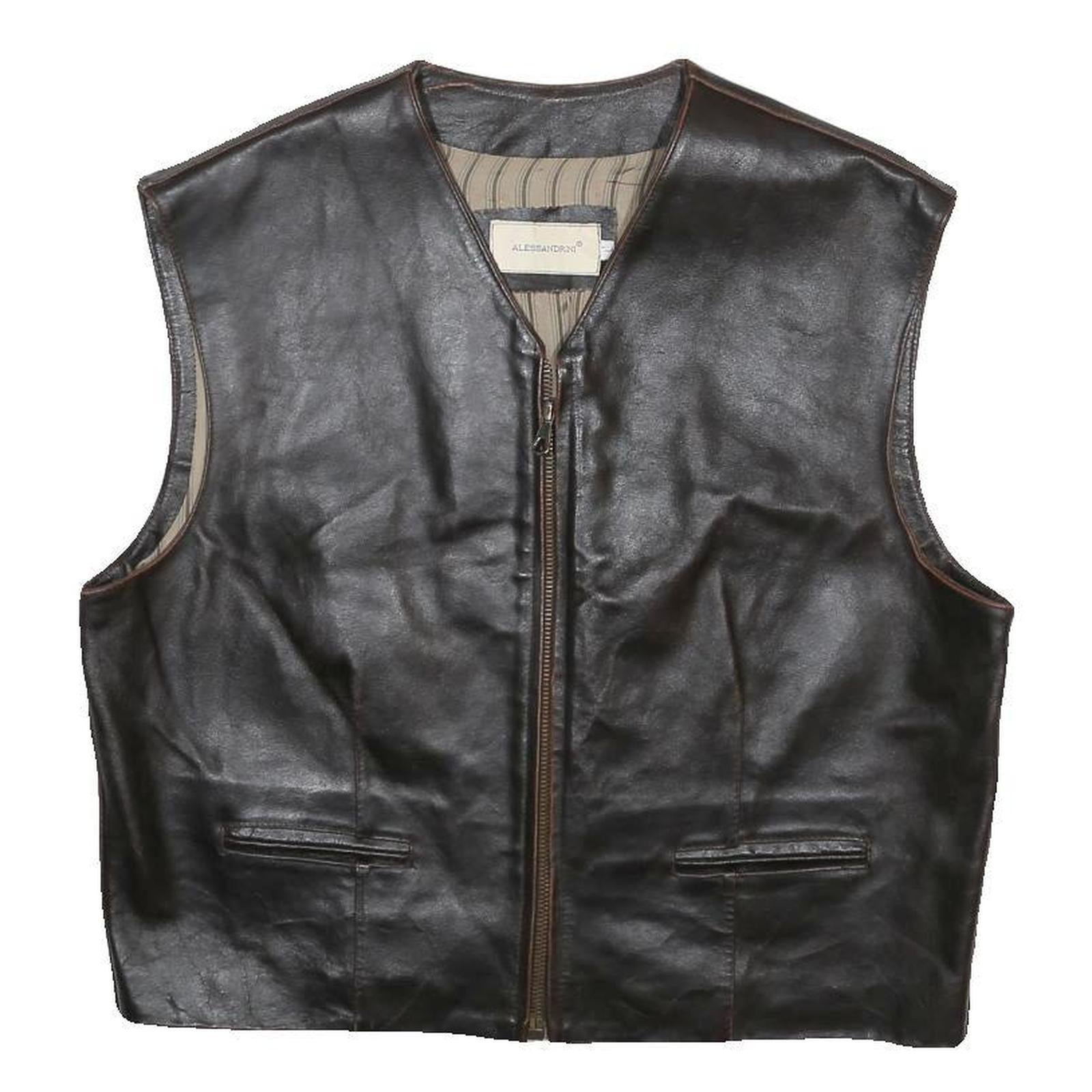 ALESSANDINI Mens Black Leather Jacket L Leather Classic Zip Sleeveless Vest