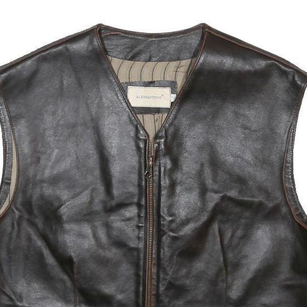 ALESSANDINI Mens Black Leather Jacket L Leather Classic Zip Sleeveless Vest