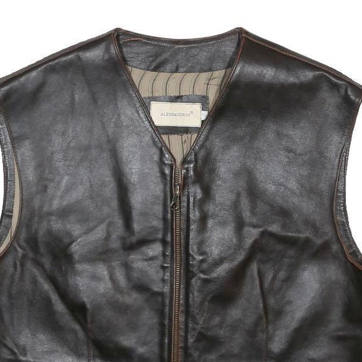ALESSANDINI Mens Black Leather Jacket L Leather Classic Zip Sleeveless Vest
