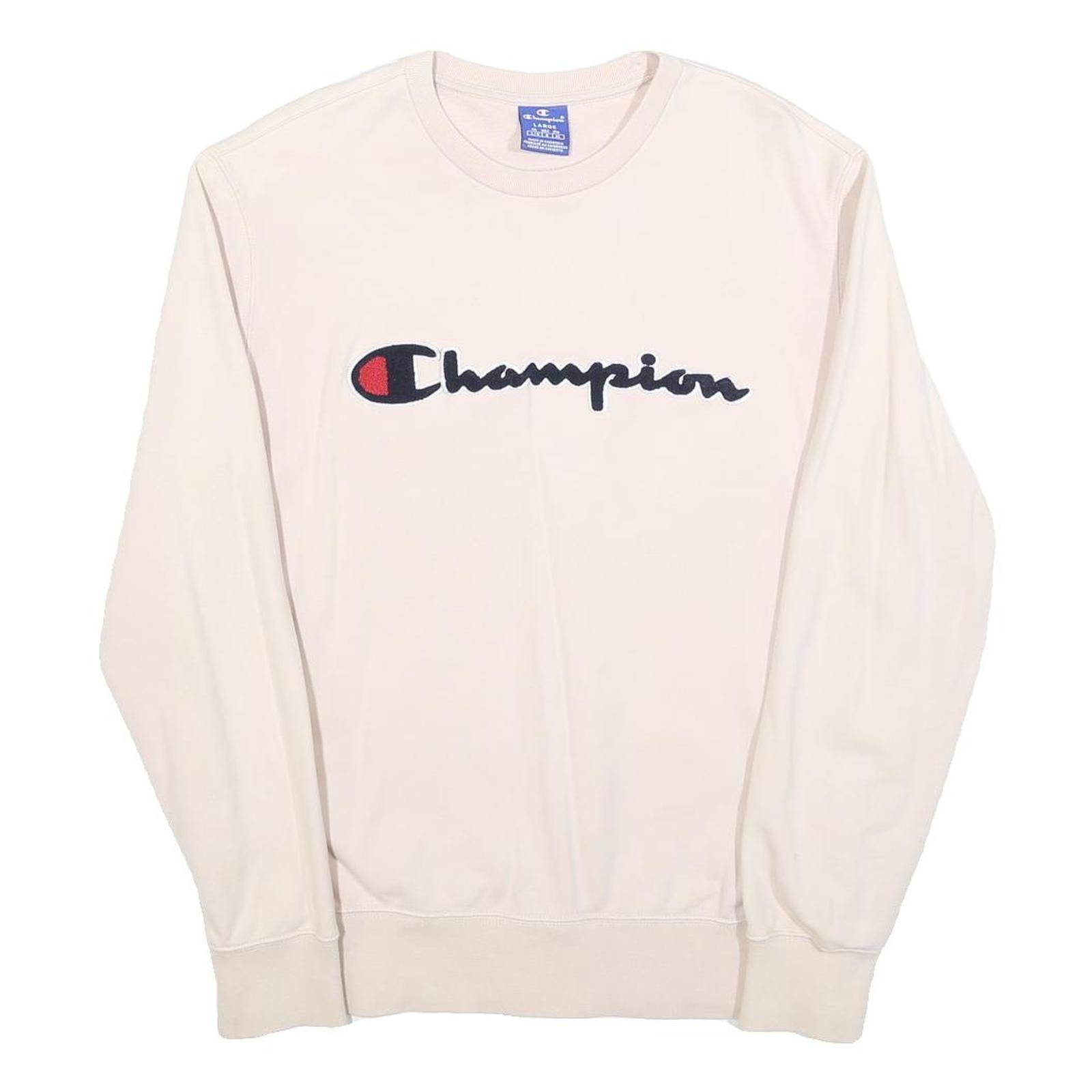 CHAMPION Womens Cream Cotton Blend Crew Neck Sweatshirt L Classic Logo