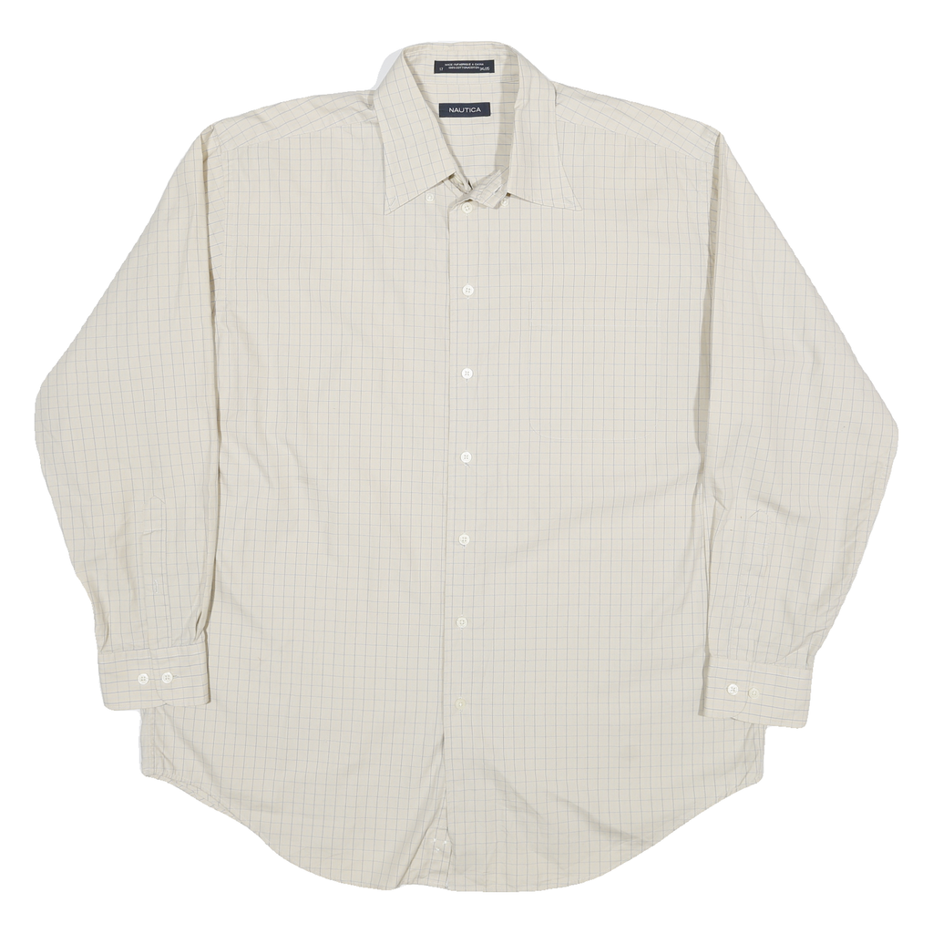 NAUTICA Mens Cream & Blue Check Shirt L Button Collar Cotton Blend Casual