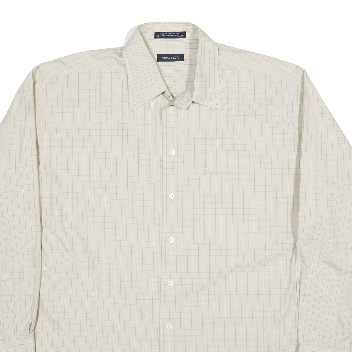 NAUTICA Mens Cream & Blue Check Shirt L Button Collar Cotton Blend Casual