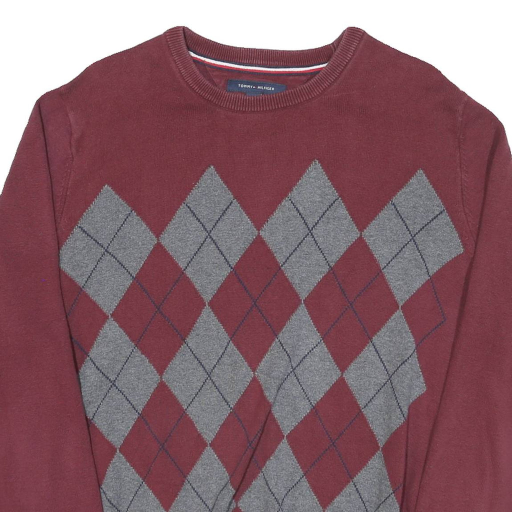 TOMMY HILFIGER Mens Maroon & Grey Patterned Jumper Crew Neck Basic Knit L Cotton