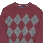 TOMMY HILFIGER Mens Maroon & Grey Patterned Jumper Crew Neck Basic Knit L Cotton