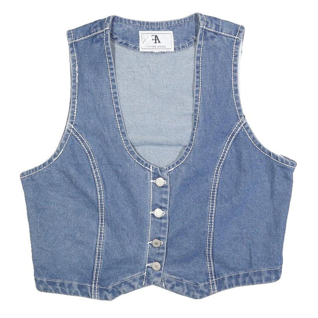 FLYING ANGEL Womens Blue Cotton Denim Sleeveless Button Jacket L Waistcoat