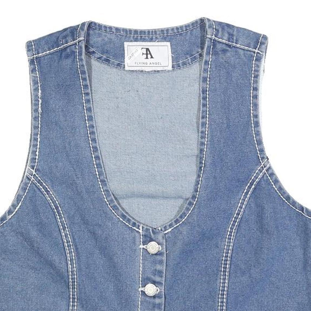 FLYING ANGEL Womens Blue Cotton Denim Sleeveless Button Jacket L Waistcoat