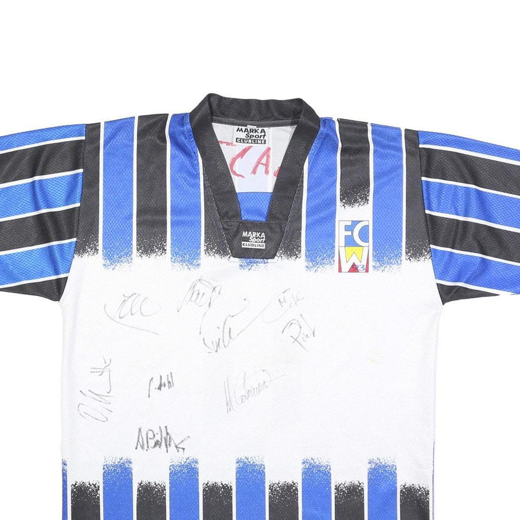 MARKA SPORT Mens Blue & Black FC W3 Graphic T-Shirt L Short Sleeve V-Neck