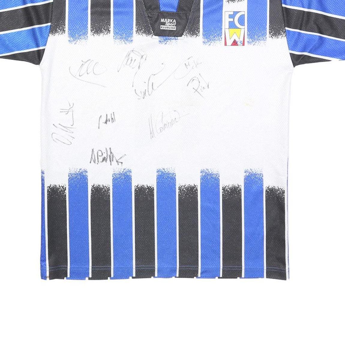 MARKA SPORT Mens Blue & Black FC W3 Graphic T-Shirt L Short Sleeve V-Neck