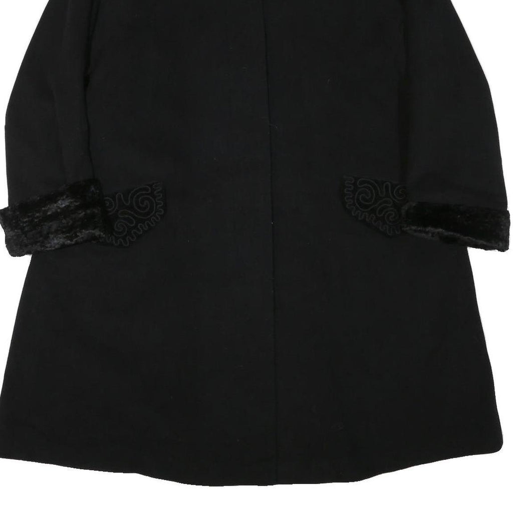 Womens Black Wool Plain Button Jacket L Fur Trim Classic Fit Elegant