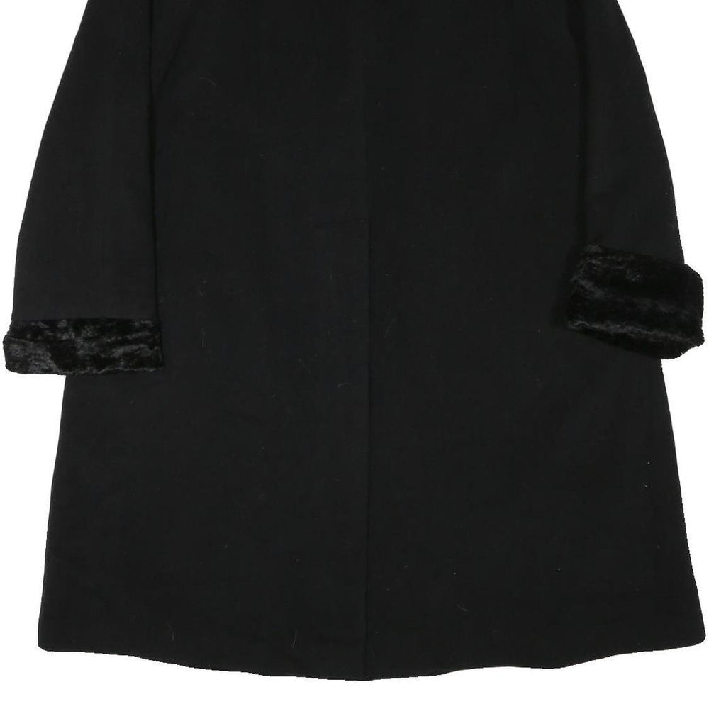 Womens Black Wool Plain Button Jacket L Fur Trim Classic Fit Elegant