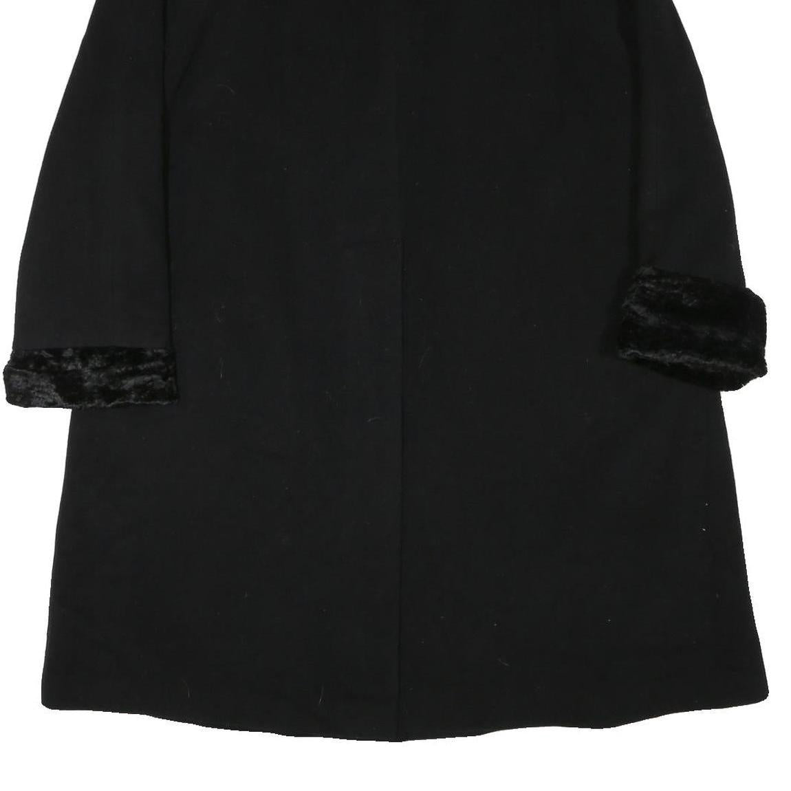 Womens Black Wool Plain Button Jacket L Fur Trim Classic Fit Elegant