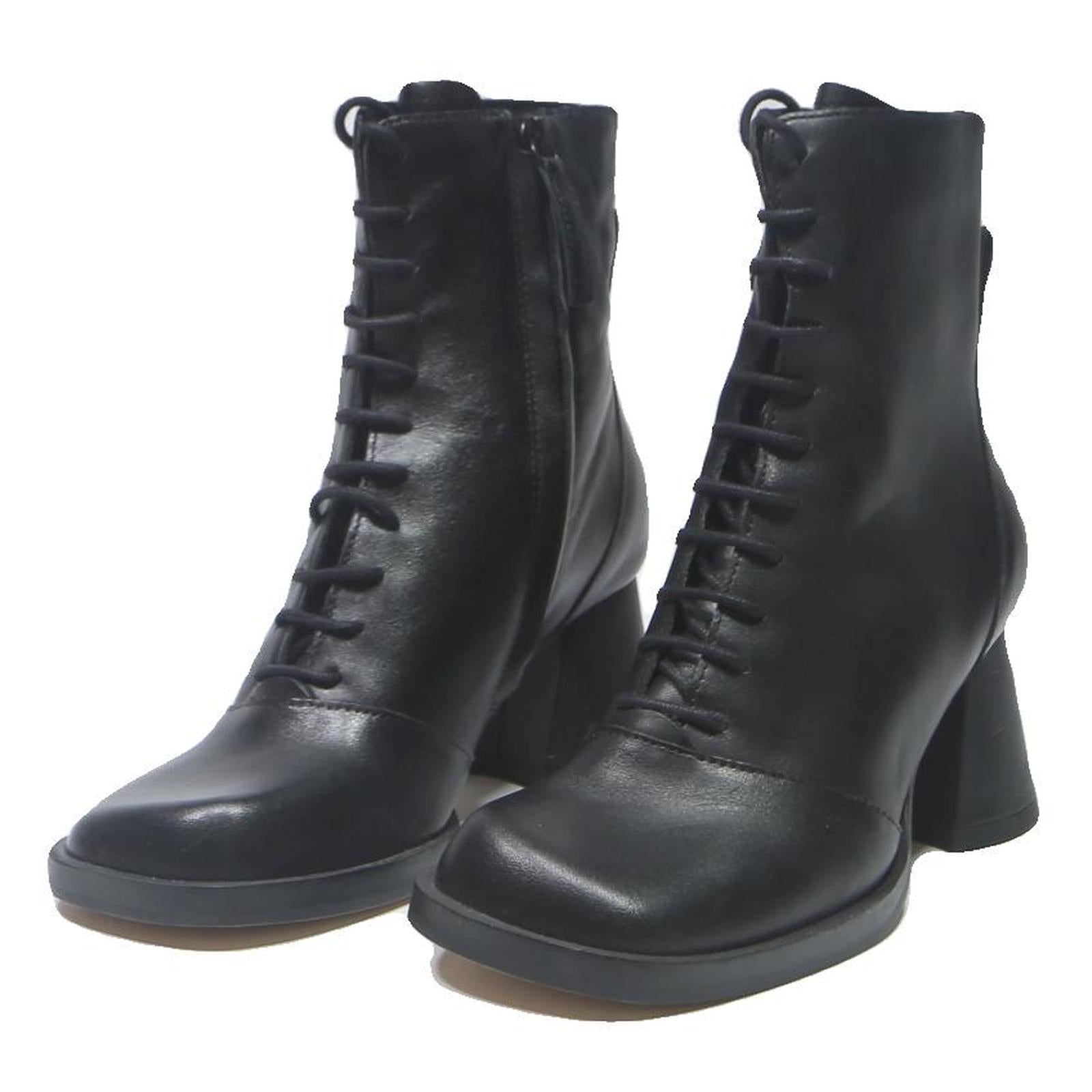 CHARLES & KEITH Womens Lace-Up Ankle Boots Black Leather UK 3.5 Stylish