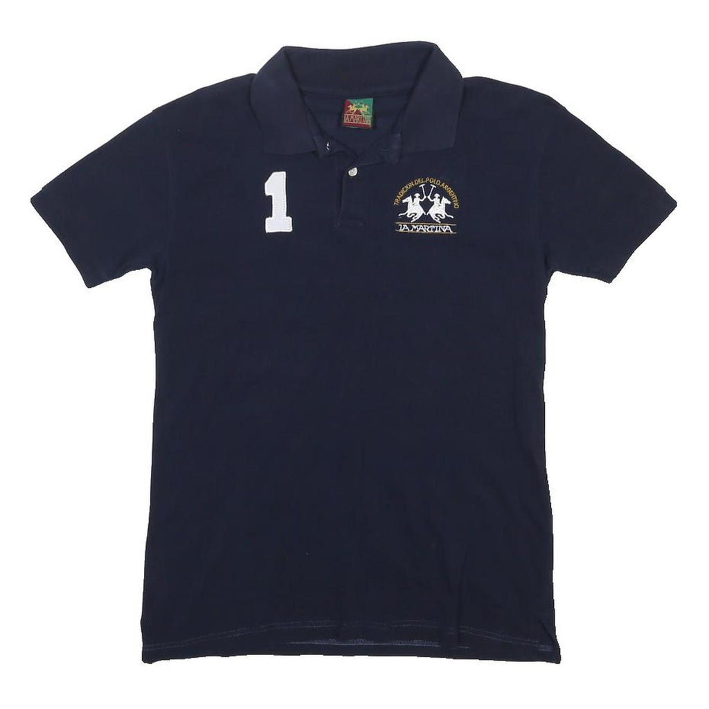 LA MARTINA Boys Navy Blue Polo Shirt L Cotton Blend Short Sleeve Basic