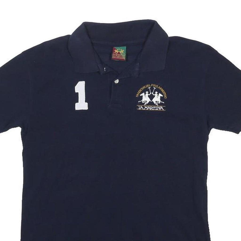 LA MARTINA Boys Navy Blue Polo Shirt L Cotton Blend Short Sleeve Basic